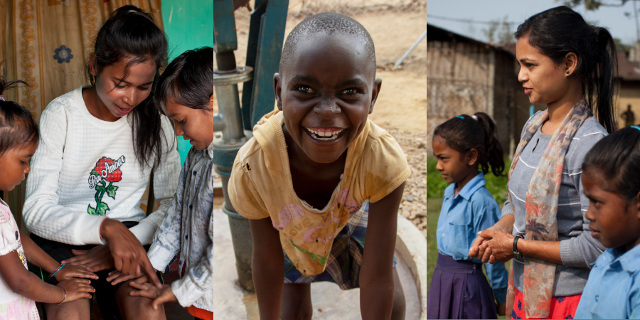 "A banner and collage with three images. 1. Three young children with tanned skin are standing in a half-circle, looking down. They are reaching for each other's hands and playing together. 2. A young child with dark skin is beaming with a big smile at the camera. She has short-cropped hair and is wearing a yellow T-shirt and a skirt. A water pump is visible behind her. 3. Two girls and a woman are standing sideways to the camera, gazing into the distance. Both girls are wearing blue blouses, skirts, and have ponytails. The woman's hair is also tied into a braid. She is wearing a striped top and a thin scarf. All have dark skin tones. In the background, small houses can be seen. "